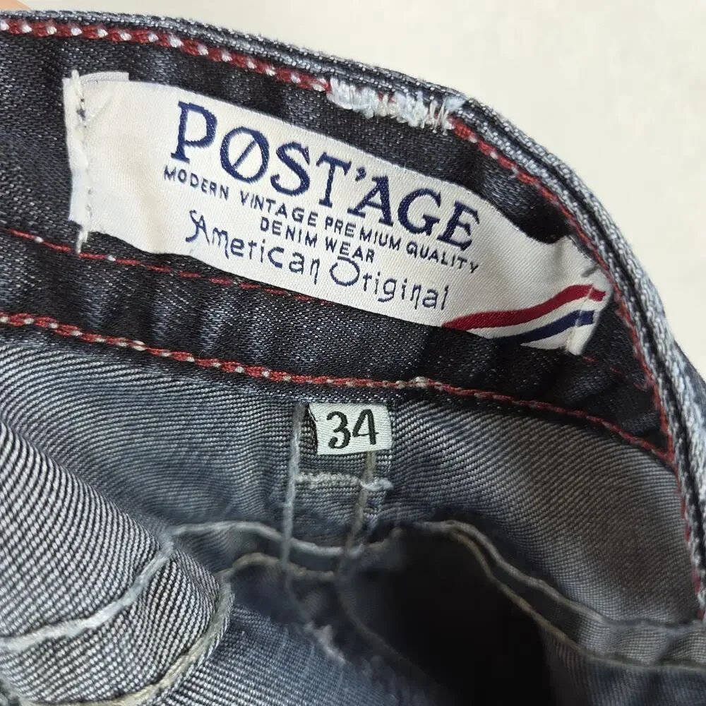 Vtg Postage Jeans 34x30 Dark Blue Cotton Denim Y2k 2000s Jean Belted Pants Retro